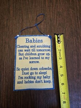 Embroidered Hanging Sign - Blue and Cream "Babies" Poem
